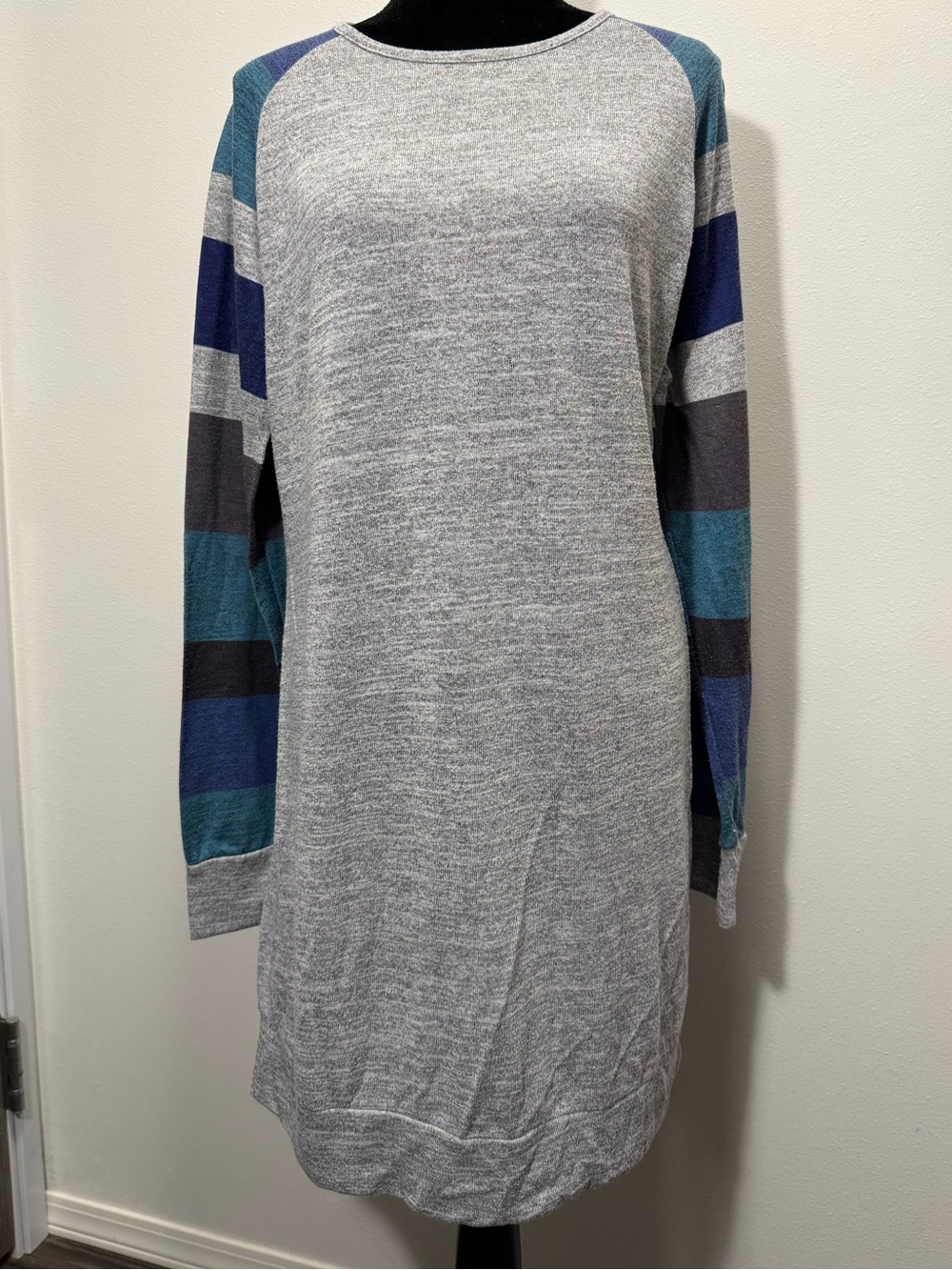 Light Gray Tunic Dress with Striped Sleeves